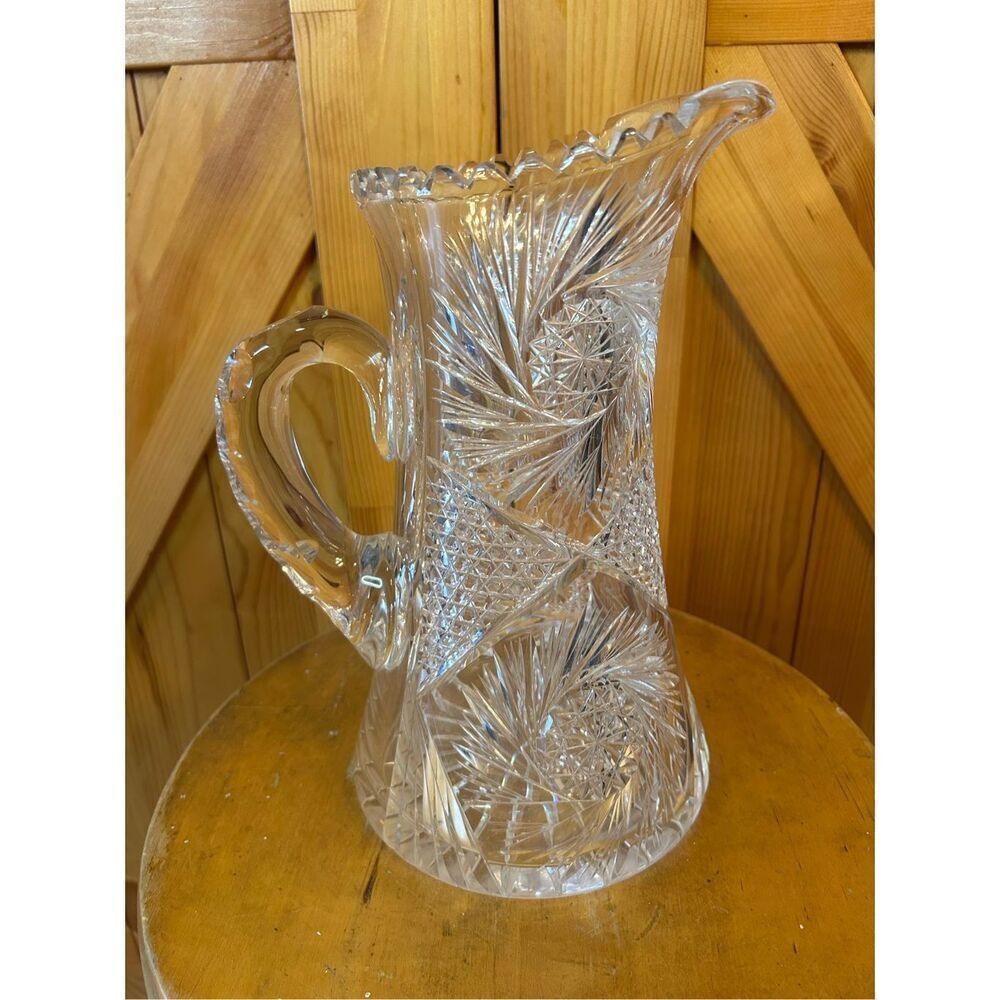 Antique AMERICAN BRILLIANT Clear Cut Glass Starpoint Pinwheel Sawtooth Pitcher (